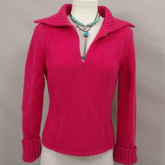 Hot Pink Feminine Sweater Wool Angora Low V v Soft - Picture 1 of 8